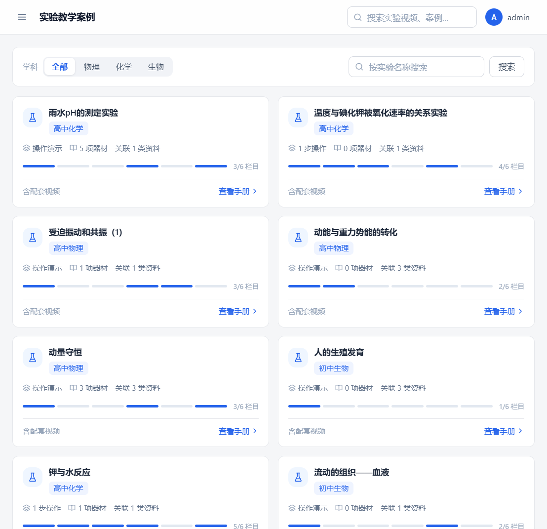 实验教学案例：每个实验的手册栏目完成度直接可见