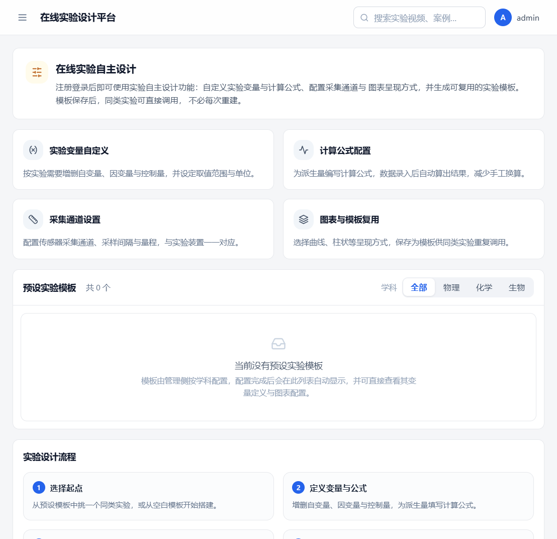 在线实验设计：变量、计算公式、采集通道与图表模板