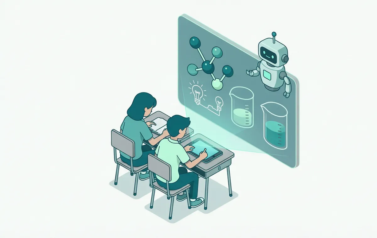 学生在平板上操作虚拟实验,AI 助手在旁引导